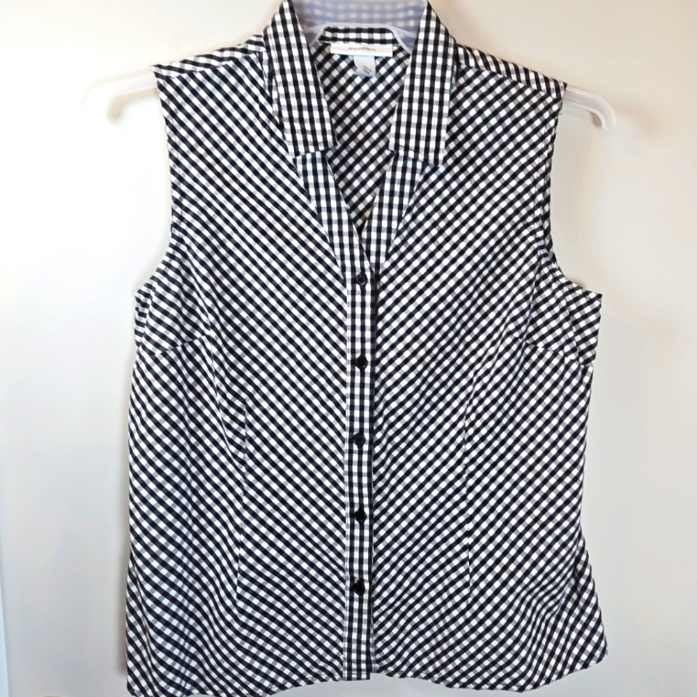 Dressbarn Black & White Checkered Women's Top Sleeveless Collared Darts Size XL